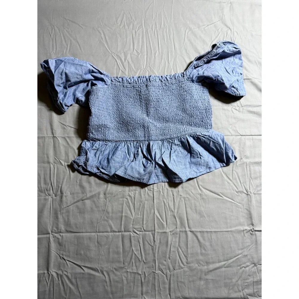 J. Crew Smocked Off-the-Shoulder Top Women L Blue NEW Chambray Puff Sleeve BG075